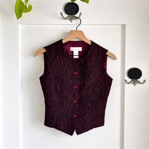 Vintage Burgundy Brocade Vest Made in Italy | Casual Corner Floral Jacquard 90s